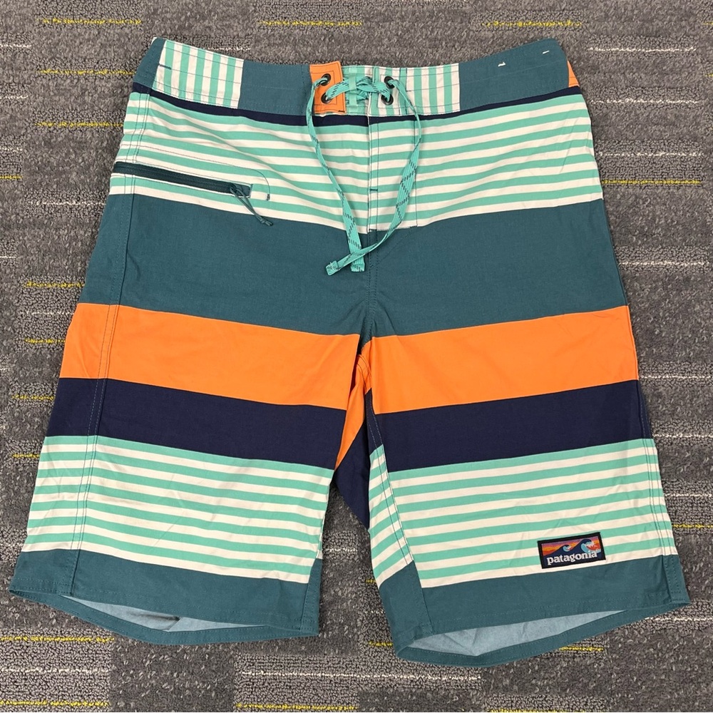 Patagonia Mens Board Short 30 Swim Trunks Drawstring Wave Logo Stripe Colorblock